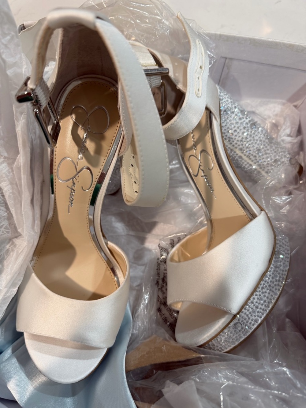 Jessica Simpson Ivory Satin Crystal-Platform Ankle-Strap Heels